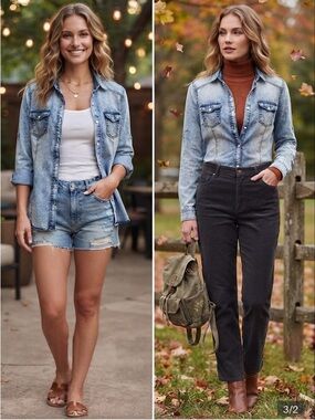 Fun & Flirt Acid Wash Denim Western Snap Front Shirt Medium